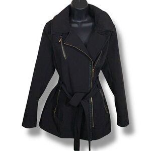 Small Avanti Black Belted Jacket Gold Zippers Faux Leather Trim Collar Lined